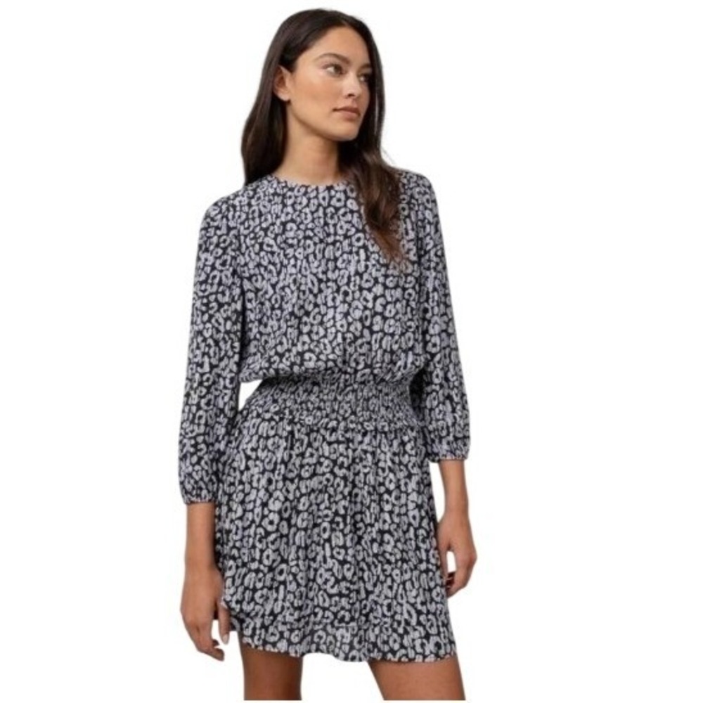 Rails Inez Dress Women Large Black Batik Cheetah Mini Smocked Waist Animal Print